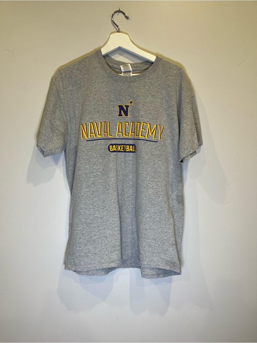 Gildan Gray Naval Academy Basketball Short Sleeve Tee with Yellow Logo Vintage